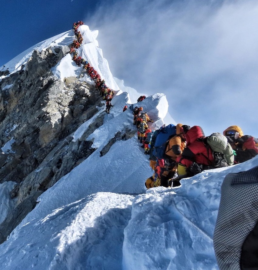 The queue on the summit ridge of Everest, by Nimal Purja